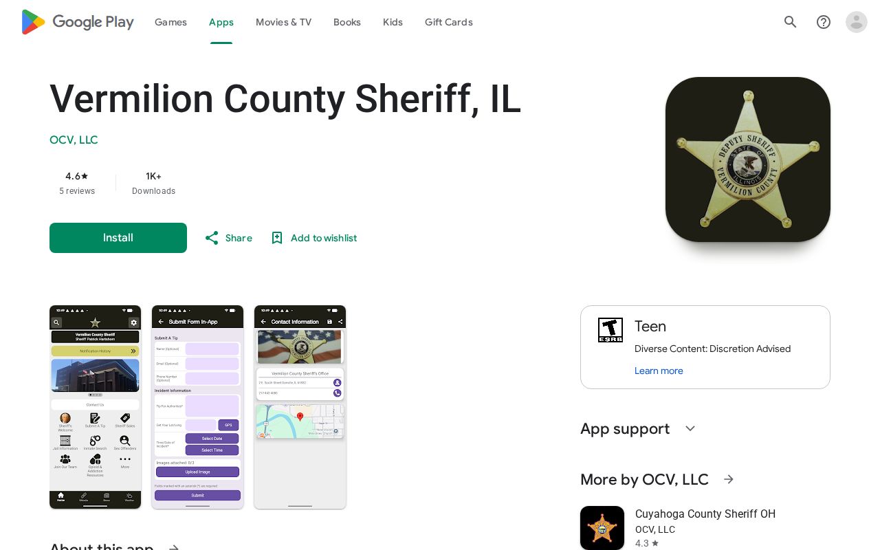 Google Play listing for the Vermilion County Sheriff app