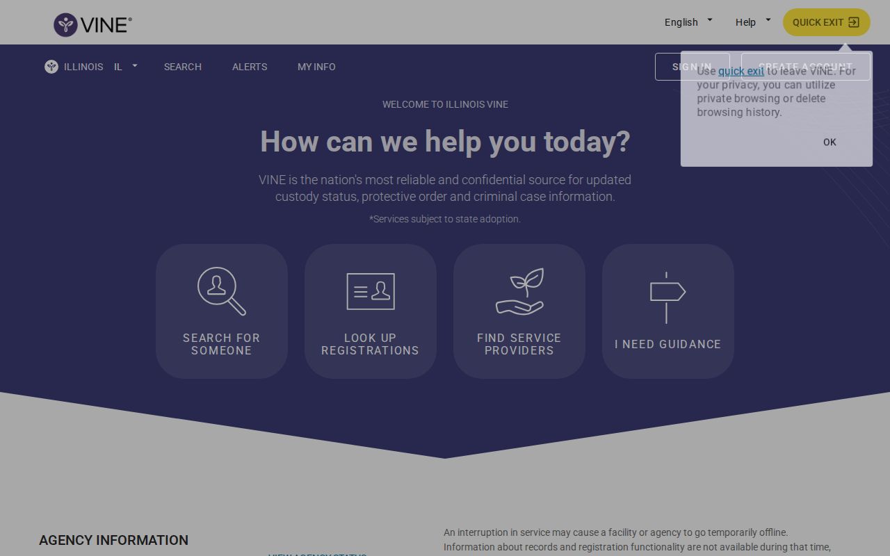 Illinois VINELink state landing page for custody event searches