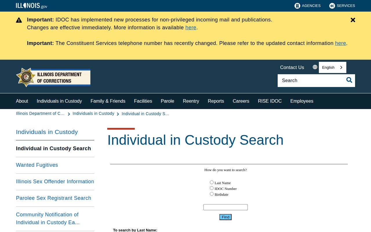 Vermilion County released inmates Illinois DOC search landing page