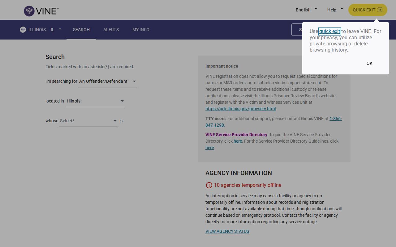 Vermilion County VINELink release check search screen